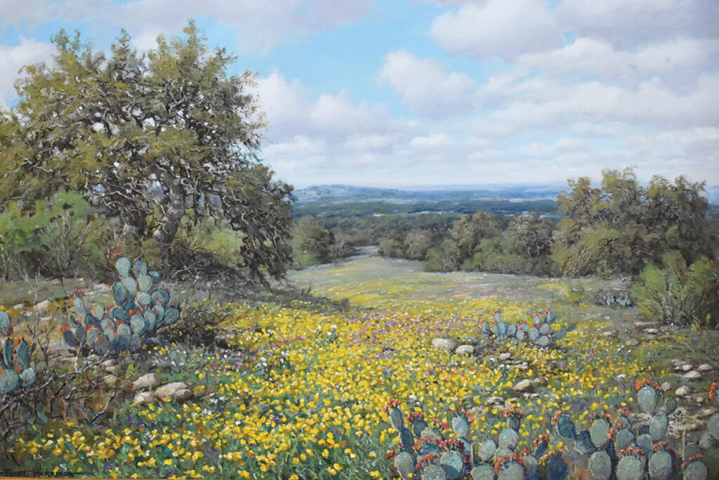 Golden Fields oil painting of flowers and cactus