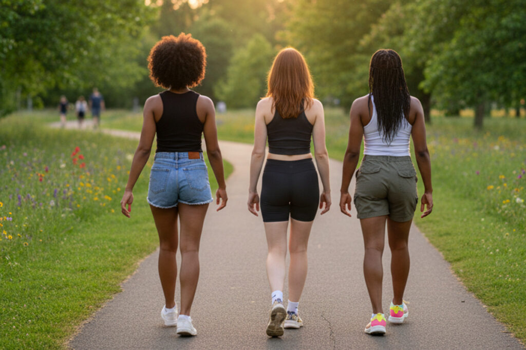 Three women walking in the park